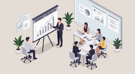 Fototapeta premium Business Presentation with Market Growth Chart and Team.