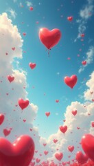 Heart-shaped balloons floating in a dreamy sky