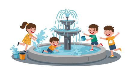 Children Playing Around a Decorative Water Fountain.