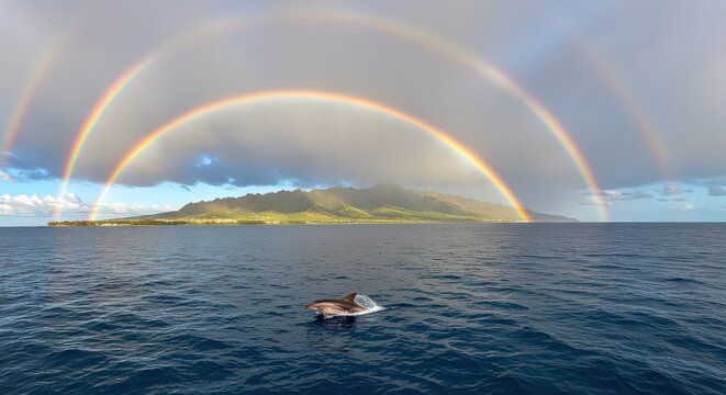 Dolphin swimming in ocean with island background and multiple rainbows in the cloudy sky above it