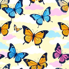 Colorful Butterflies Flying Amidst Clouds Pattern