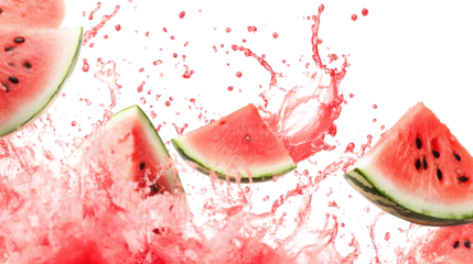 Fresh Watermelon Slices with Splash of Water Juicy Fruit Isolated on White Background