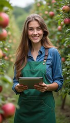 Smiling woman in green apron using tablet in apple orchard