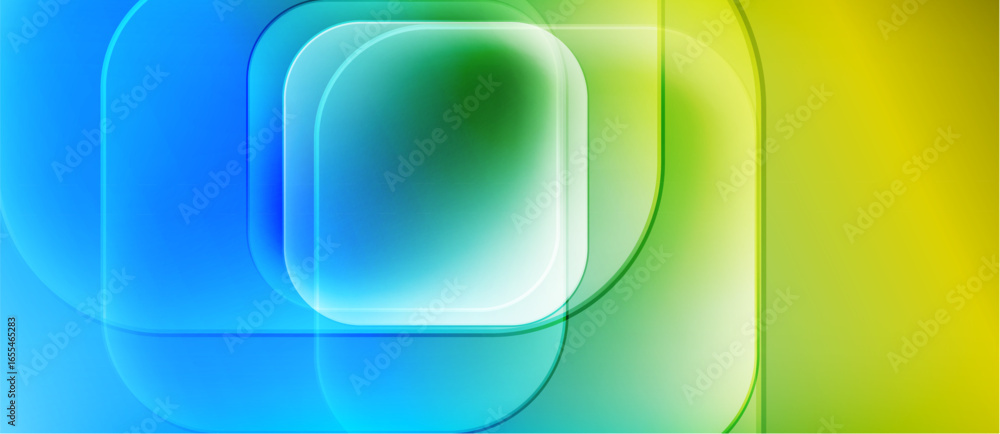 Poster abstract composition featuring overlapping squares. colors transition from blue, green, to yellow. s