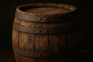 Fototapeta premium Vintage oak wine barrel with rustic metal bands showcasing traditional craftsmanship and artisanal beverage production heritage