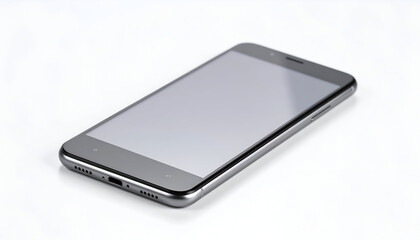 Modern smartphone standing upright isolated on white background.