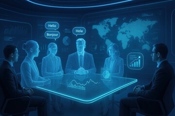 Virtual conference hall with floating holographic avatars engaged in global business summit