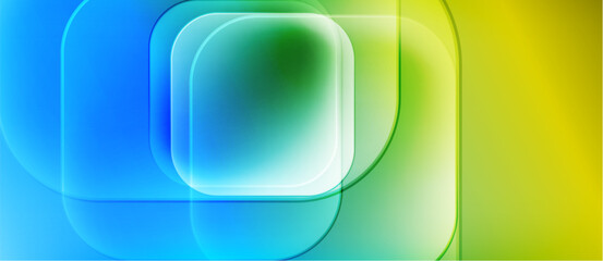 Abstract composition featuring overlapping squares. Colors transition from blue, green, to yellow. Soft gradients create luminous effect.