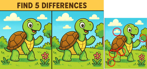 Cute Turtle Find the Differences Puzzle Game Educational Activity for Children Nature Theme