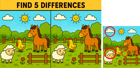 Farm Scene Find the Differences Educational Puzzle with Horse Sheep and Chicken for Kids