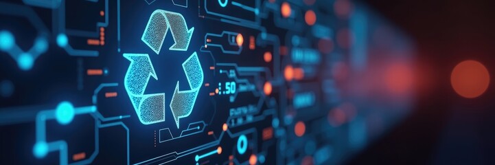 Futuristic recycling symbol displayed on a digital circuit board.