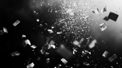 Confetti made of e-ink paper, displaying personalized celebratory messages as it falls, captured mid-air, studio product shot style, impeccable lighting