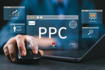 PPC - Pay Per Click concept. Businessman working on laptop, social network, SEO, Digital Marketing...
