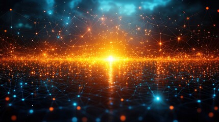 Abstract Network Connection: Digital Landscape of glowing nodes and lines forming a futuristic network