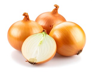 Fototapeta premium Three whole and one sliced onions on a white background