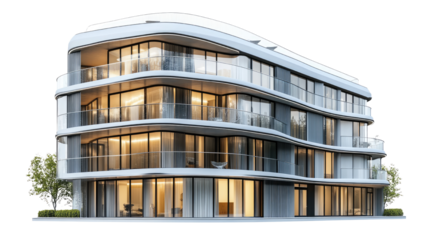 Rounded glass fronted building with balconies sleek modern architecture contemporary high rise structure exterior design isolated on white background