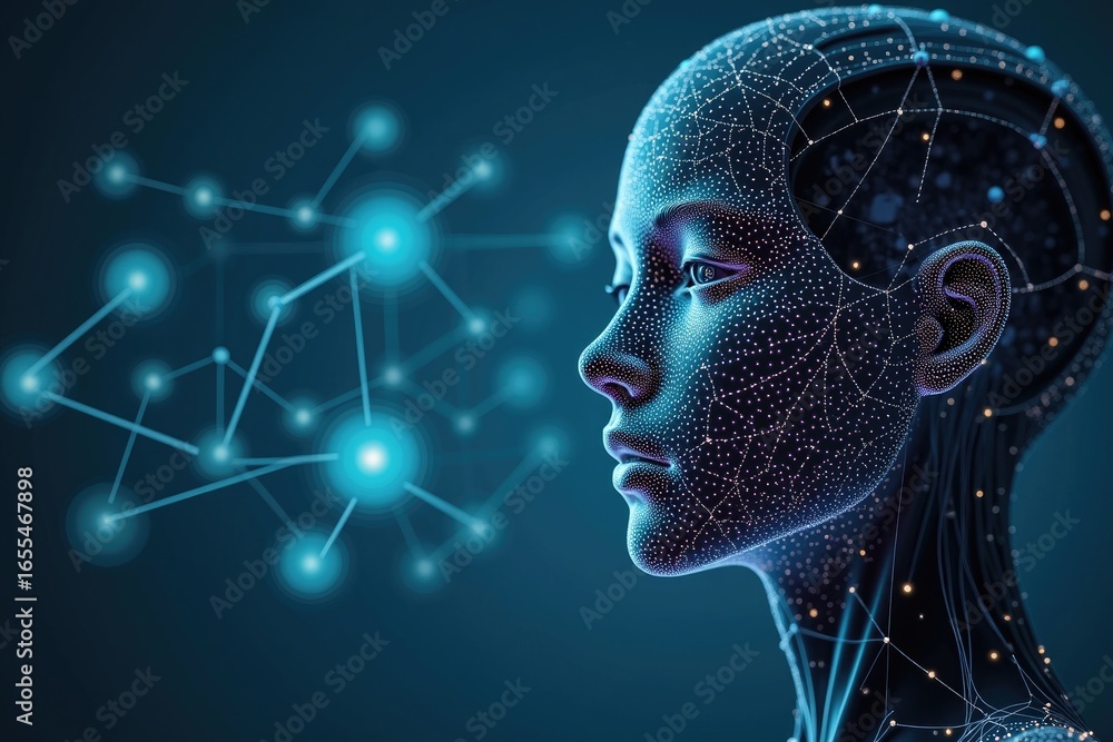 Poster profile view of a digital face with intricate network connections.