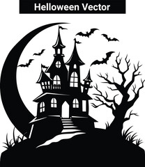 christmas pudding vector art silhouette,Halloween haunted house silhouette with bats under a spooky moonlit night sky vector illustration