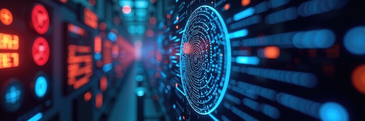 Abstract digital display with glowing code.