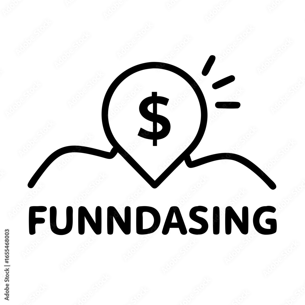 Poster dollar sign inside a location pin with rays above a wavy line and the word funndasing below it