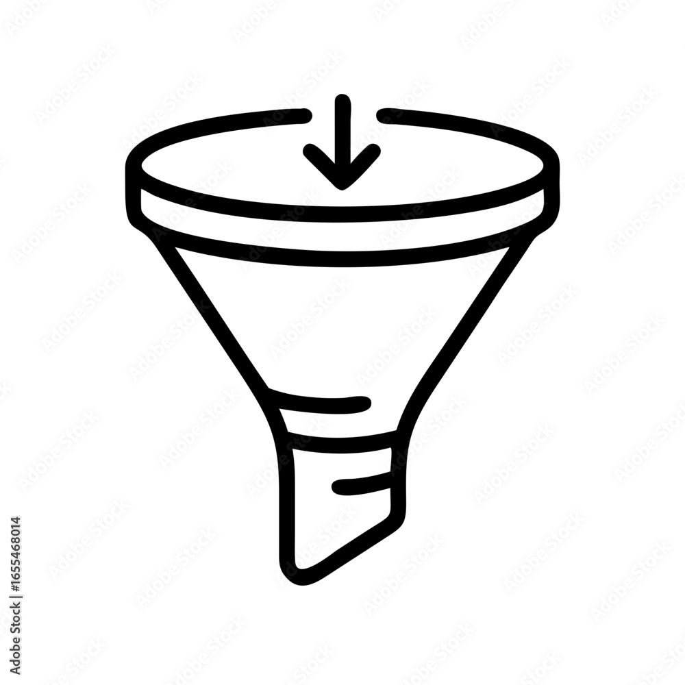 Poster outline illustration of a funnel with an arrow pointing down indicating flow or filtering process sh