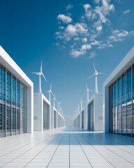 Wide-angle view of a modern high-tech server farm with wind turbine, representing large-scale digital infrastructure and sustainability.