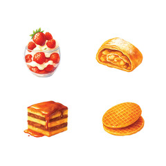 Watercolor Illustrations of Europe Pastries and Desserts Bundle—Baumkuchen, Bayerische Creme, Kasekuchen, Rote Grutze. Watercolor Illustration. Design Element. Clip art. Suitable for artwork