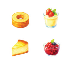 Watercolor Illustrations of Germany Culinary Bundle—Eton Mess, Strudel, Dobos Torta, Stroopwafel. Watercolor Illustration. Design Element. Clip art. Suitable for artwork
