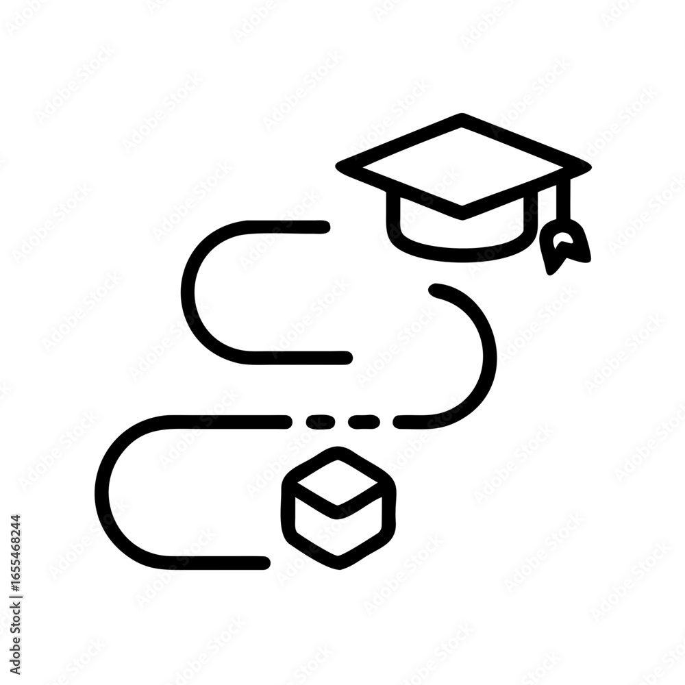Poster illustration of a graduation cap over a box with a path connecting them in a line art style