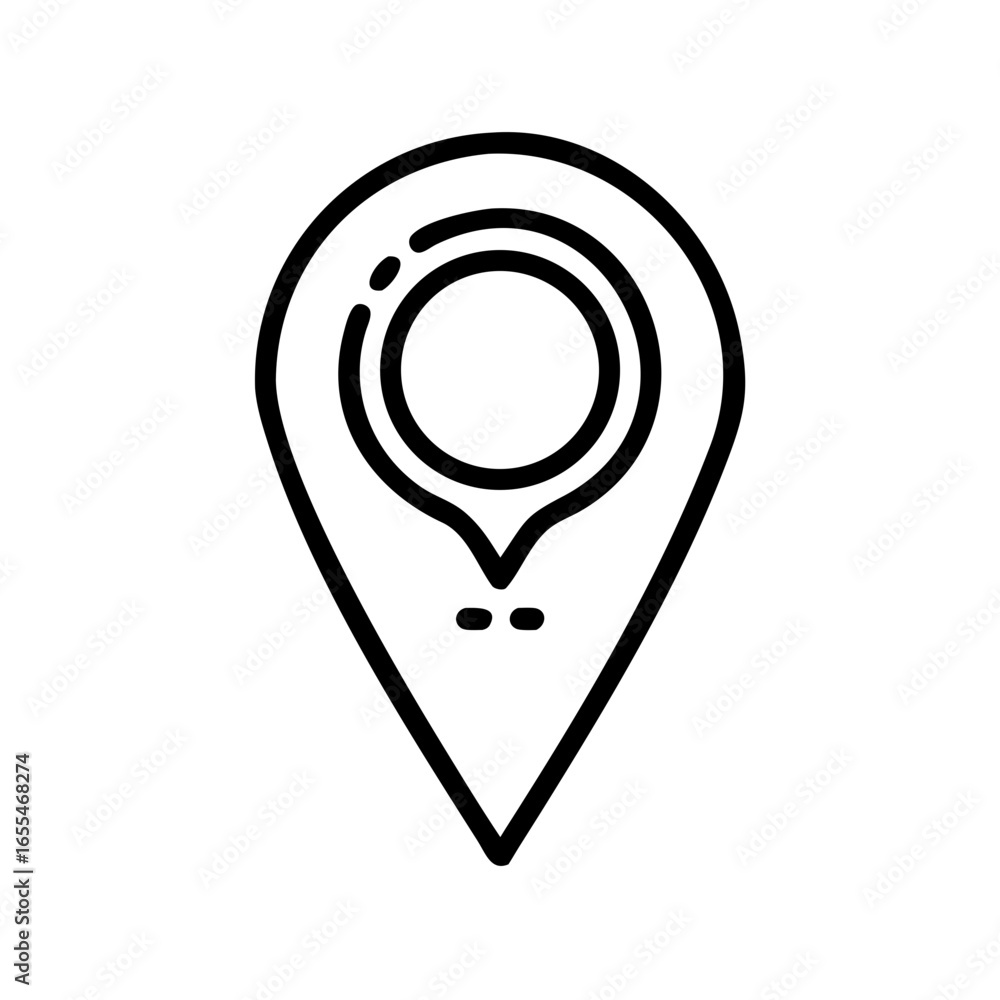 Poster a location pin icon with a circular center and two small dots at the bottom in a simple outline desi