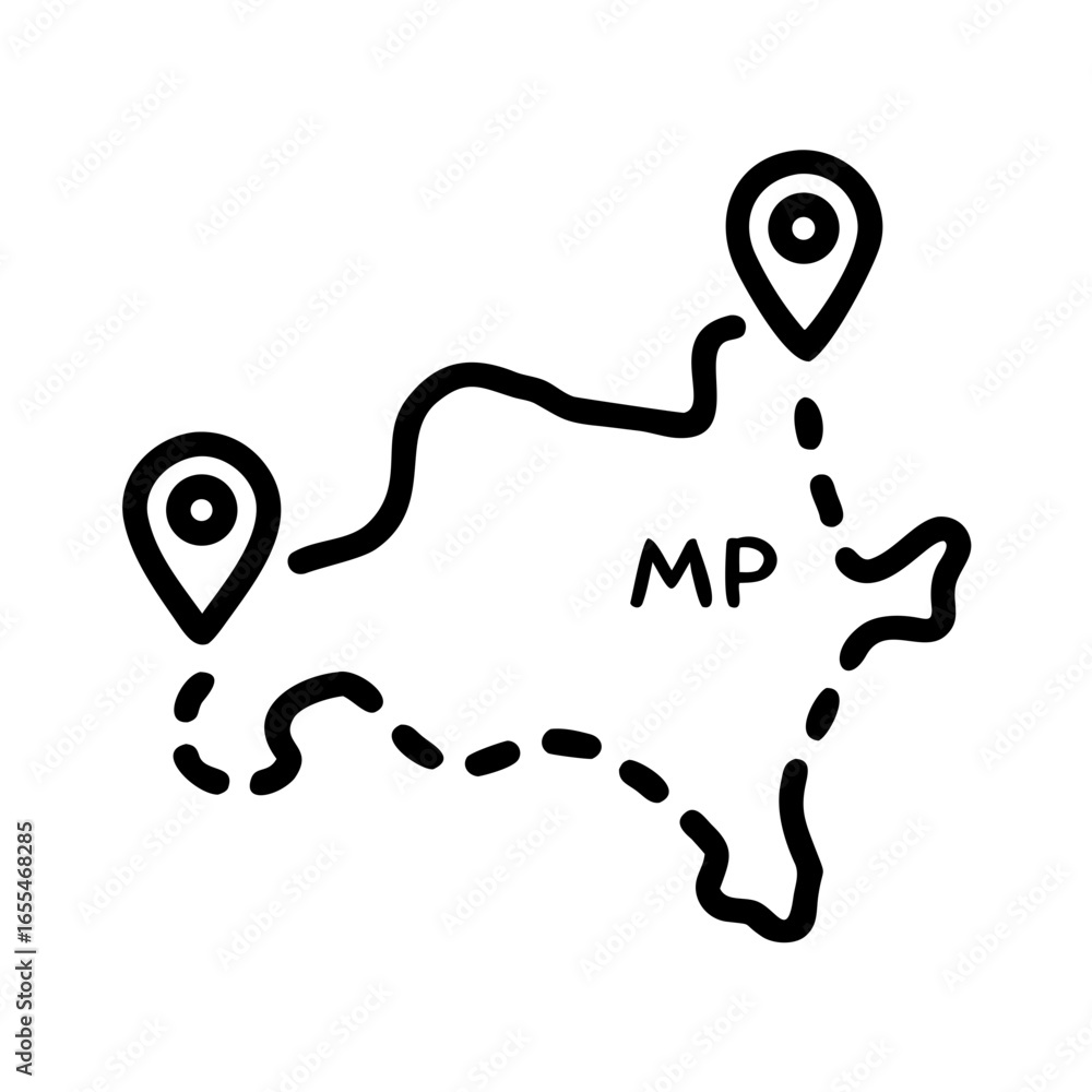 Aufkleber doodle style map of mp state with two location markers and a path connecting them in black outline