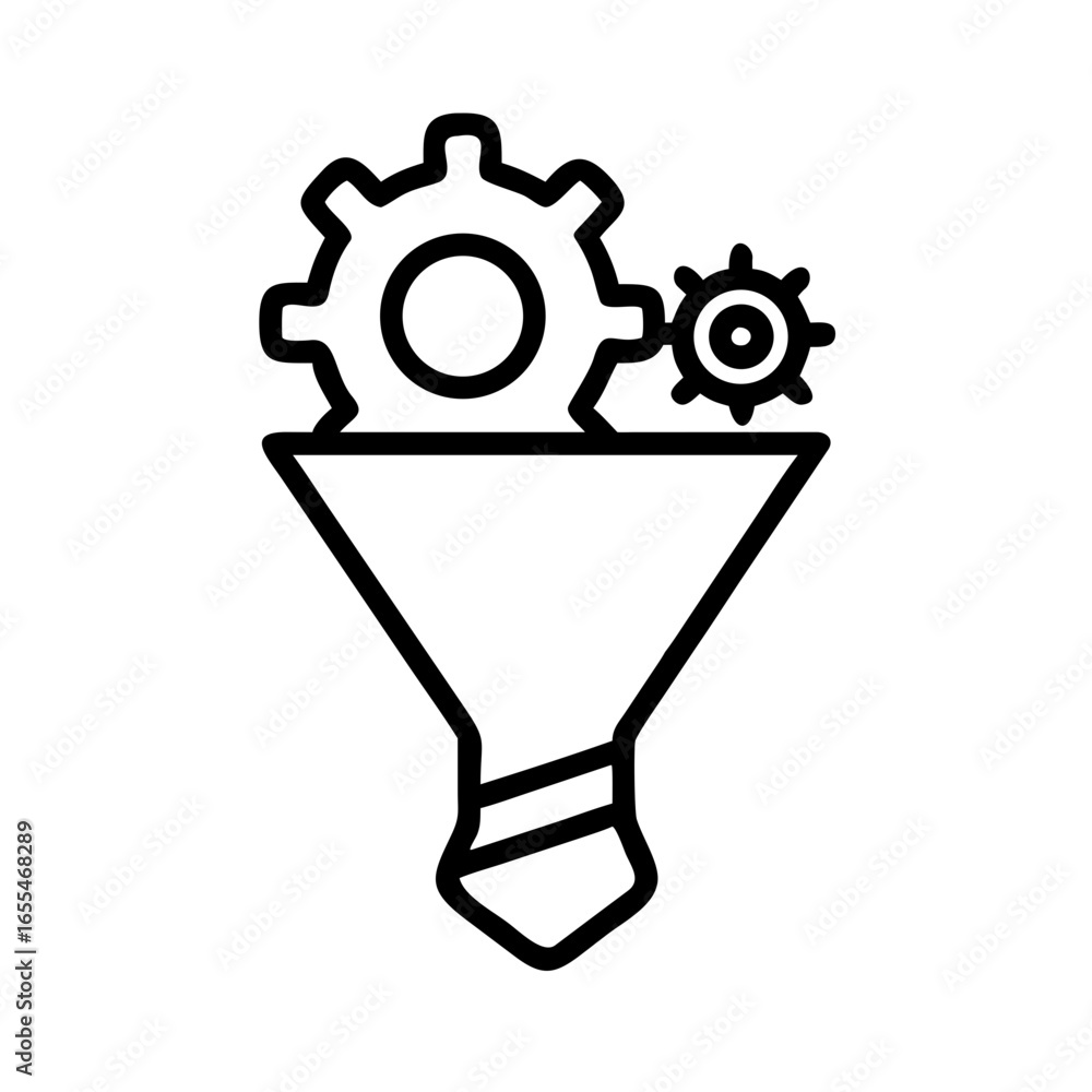 Poster outline drawing of a funnel with two gears on top representing a process of filtering or refining da