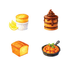 Watercolor Illustrations of French Pastries and Desserts Bundle—lemon souffle, chocolate cake, pound cake, skillet apple. Watercolor Illustration. Design Element. Clip art. Suitable for artwork