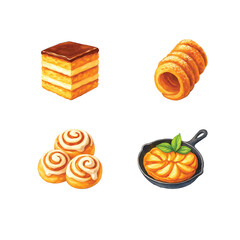 Watercolor Illustrations of Europe Pastries and Desserts Bundle—Biskvitena Torta, Trdelni, 
Cinnamon Rolls, Apple Charlotte. Watercolor Illustration. Design Element. Clip art. Suitable for artwork.