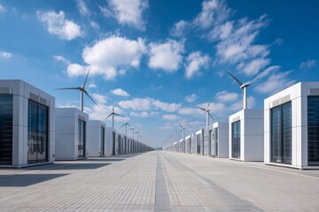 Wide-angle view of a modern high-tech server farm with wind turbine, representing large-scale digital infrastructure and sustainability.