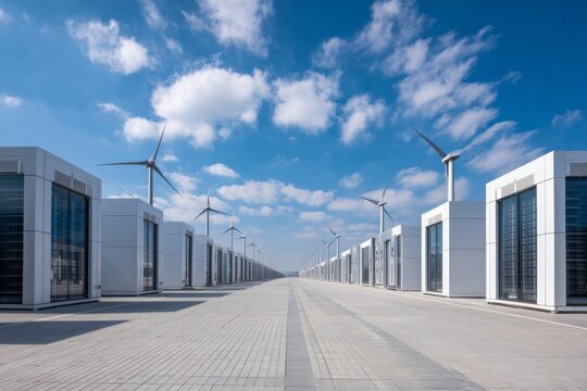 Wide-angle view of a modern high-tech server farm with wind turbine, representing large-scale digital infrastructure and sustainability.
