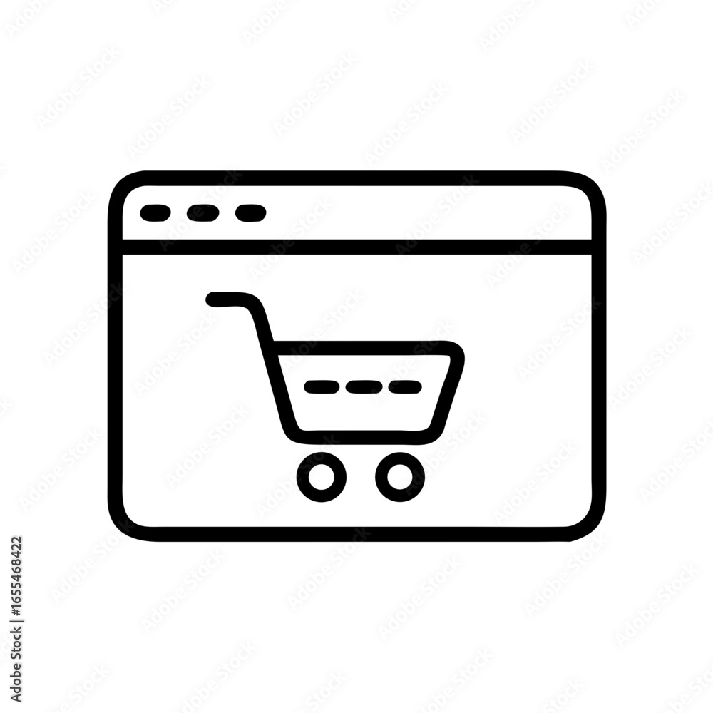 Poster online shopping cart on a website browser interface with a minimalist black and white line drawing s