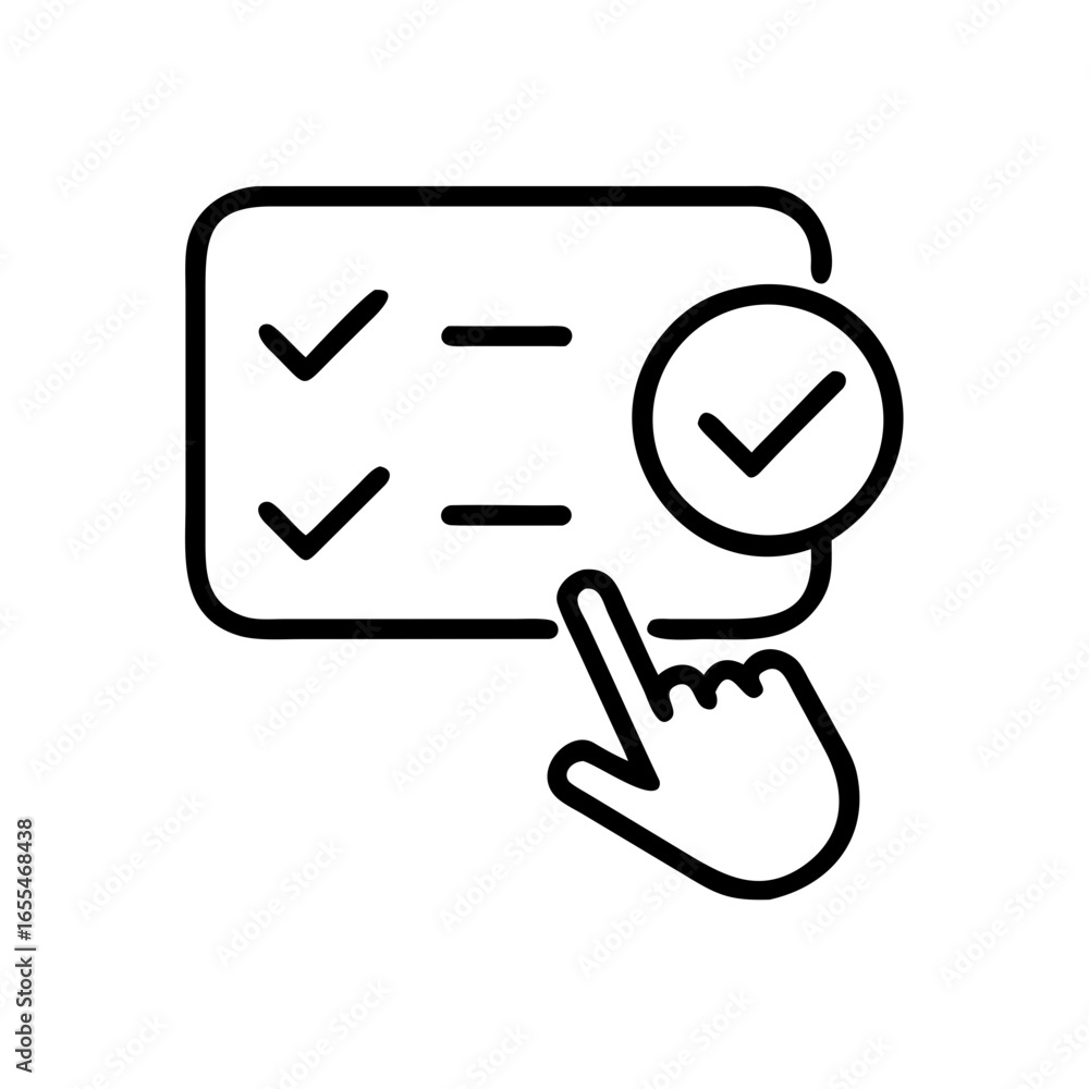 Poster hand selecting a completed task from a list with check marks and horizontal lines in black outline s