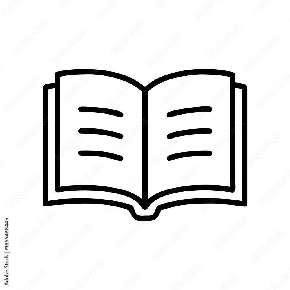 Poster illustration of an open book with blank pages and a visible spine in a simple black outline style