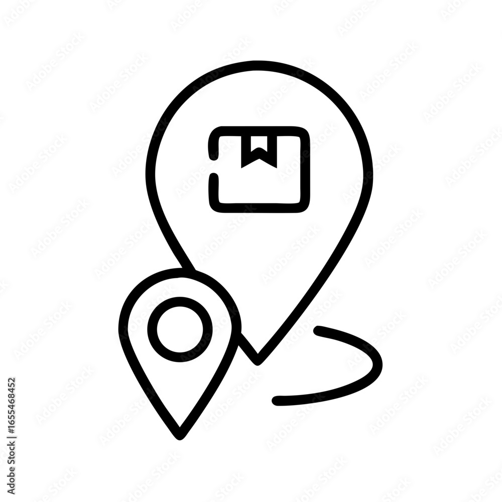 Aufkleber two location pins with a package icon inside one showing delivery route in a line art style design
