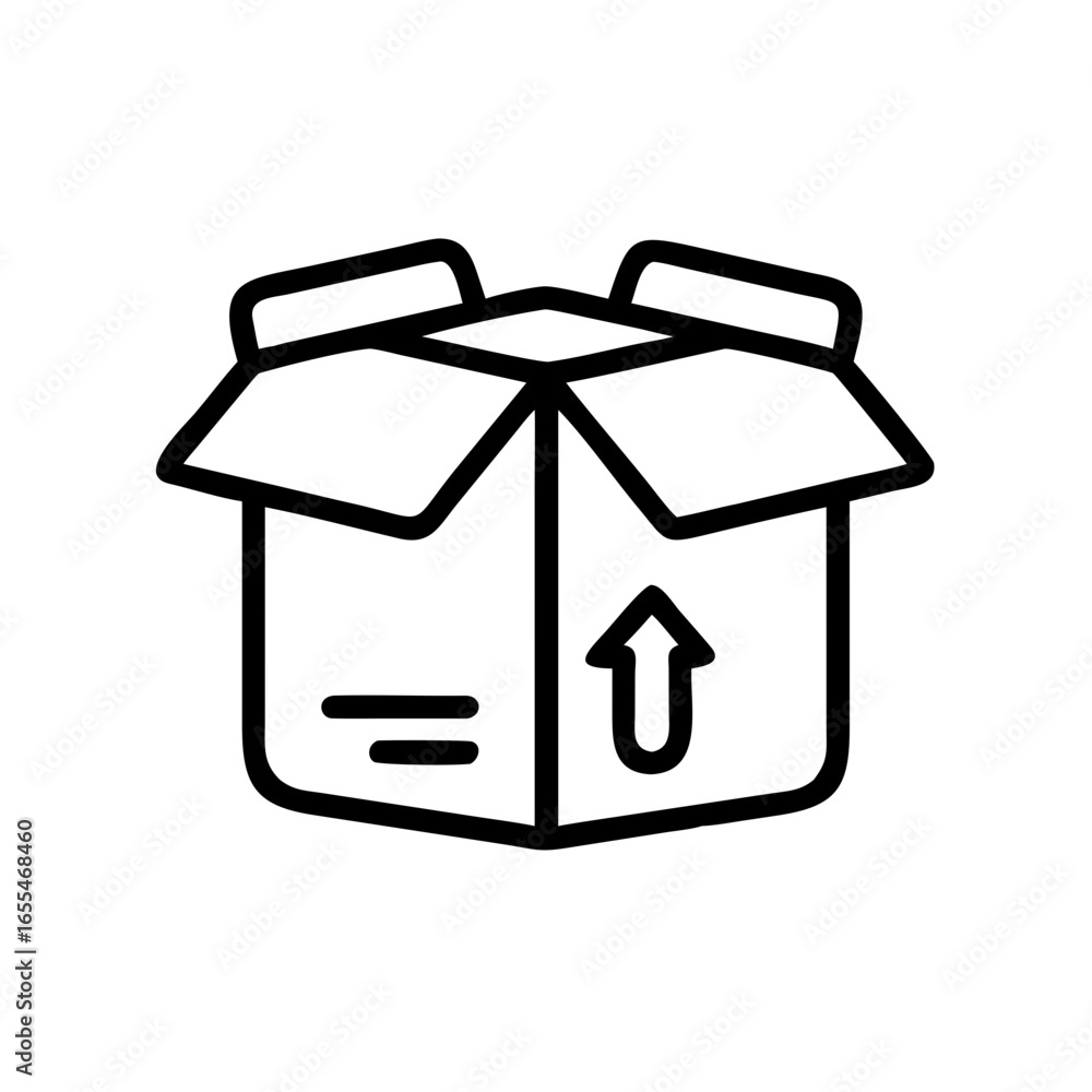 Aufkleber open cardboard box with an arrow pointing upwards and horizontal lines in a simple line drawing styl