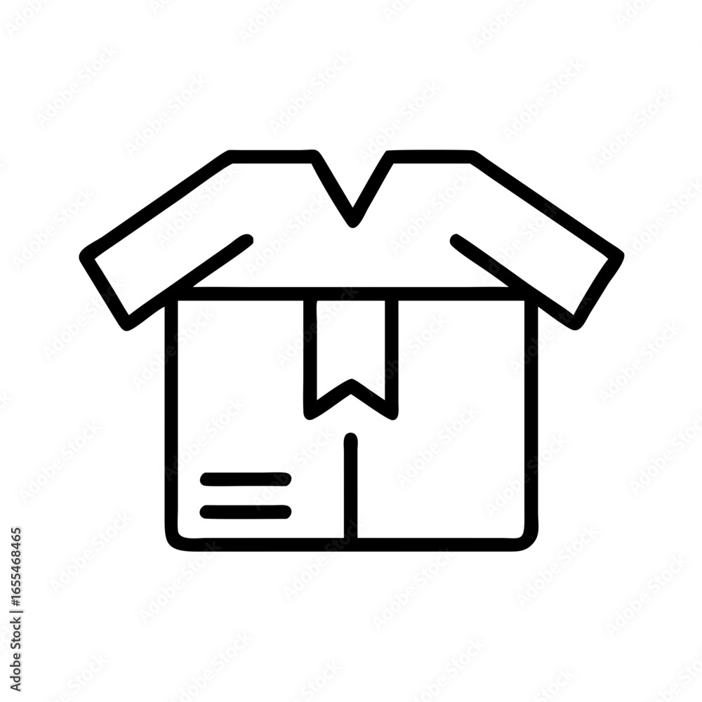 Poster illustration of an open cardboard box with a label and two horizontal lines on the side in black out