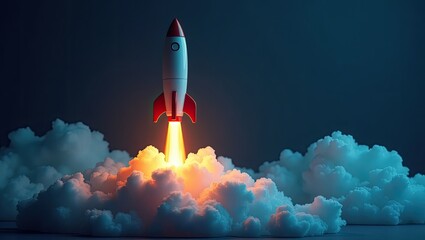 Obraz premium Rocket launching into the night sky.