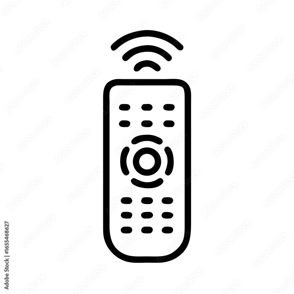 Aufkleber illustration of a remote control with multiple buttons and a power symbol emitting signal waves icon