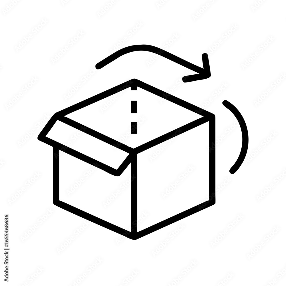 Aufkleber illustration of an open cardboard box with a lid and arrows indicating rotation and movement around 