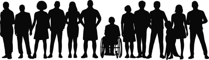 Silhouettes of diverse people standing in a row, including person in wheelchair, diversity, inclusion, equality, accessibility, community, unity, white background