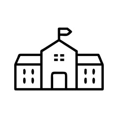 Illustration of a school building with a flag on top and symmetrical side wings in outline style