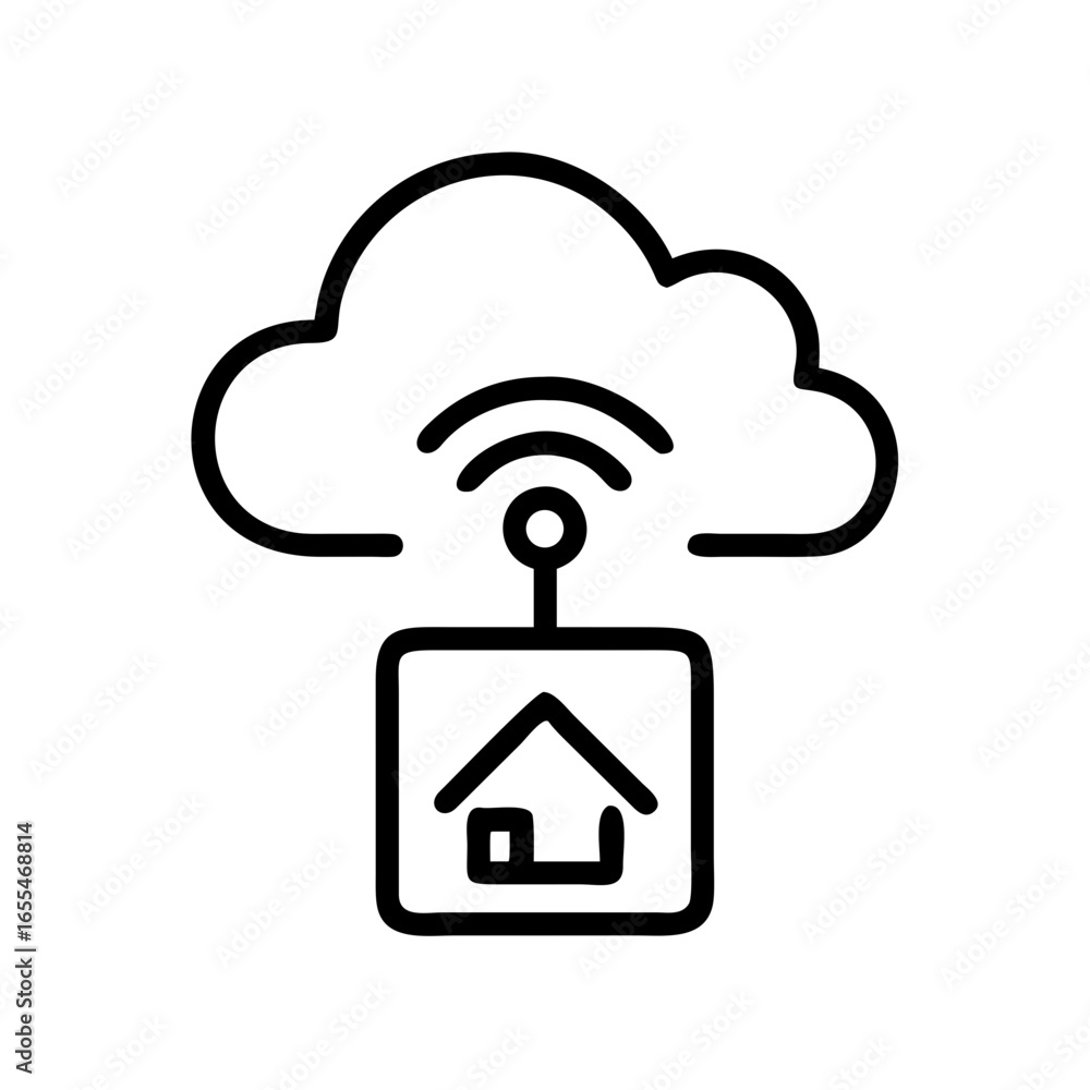 Poster illustration of a cloud with wifi signal above a smart home device in a minimalist style icon