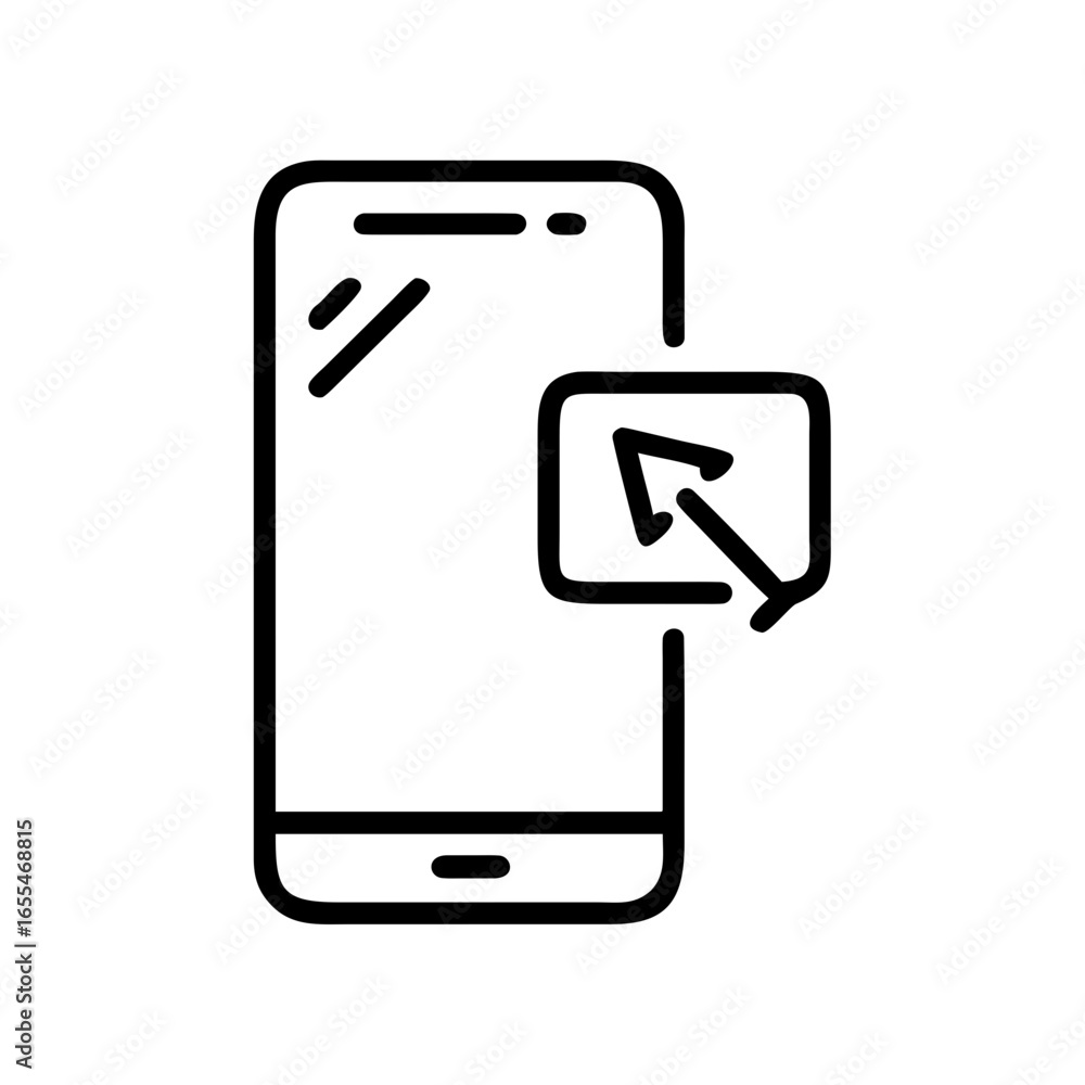 Poster outline style icon of a smartphone with an arrow pointing out of a square to the upper left corner