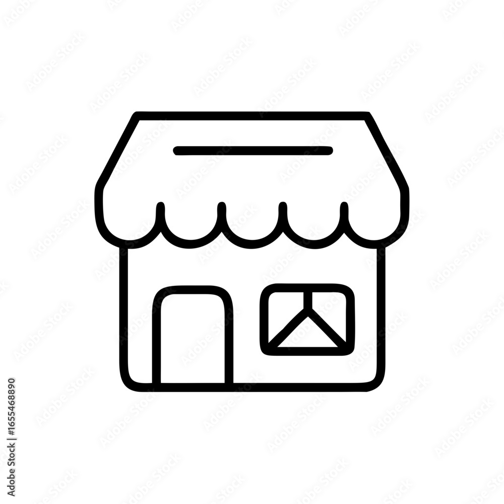 Aufkleber illustration of a simple store front with awning door and window in black outline design style vecto